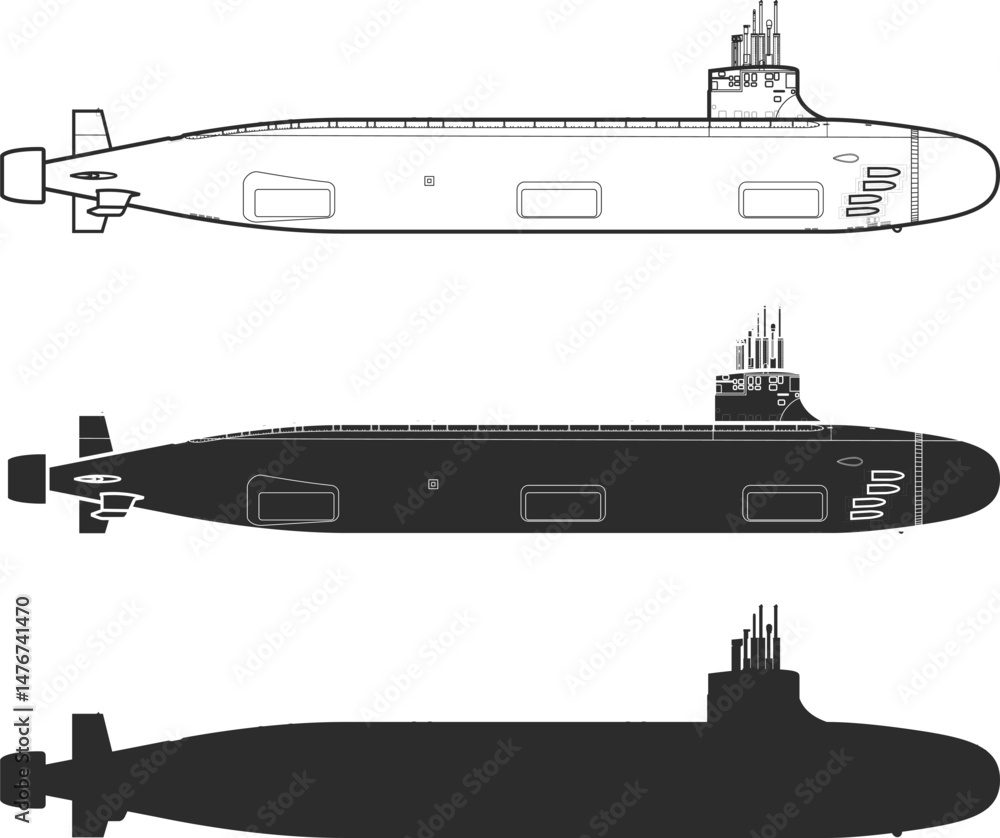 Φωτογραφία Set of submarines Seawolf SSN-21, Line icons, isolation and silhouette in black color
