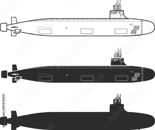 Set of submarines Seawolf SSN-21, Line icons, isolation and silhouette in black color.