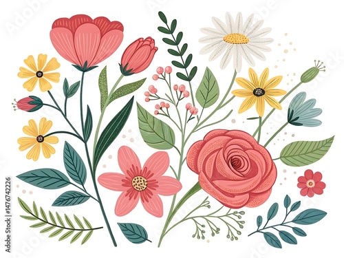 Vibrant and colorful floral illustration with a variety of botanical elements