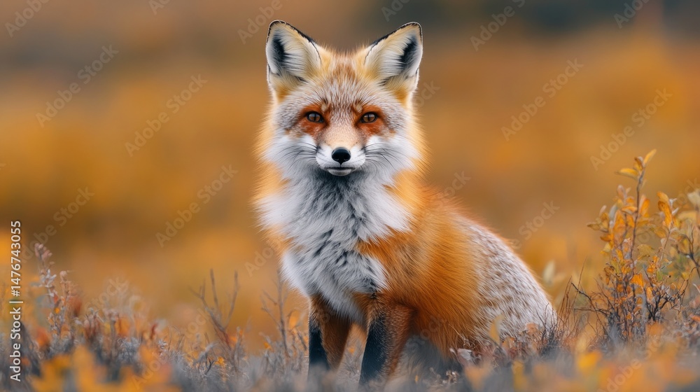 Obraz premium Autumnal fox in golden light amidst grass, flowers. Vibrant hues, blurred background highlight the fox as the central subject.