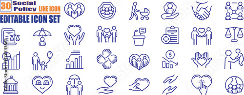 Social Policy Line Editable Icons set. Healthy, society, protection, service etc. Editable stroke