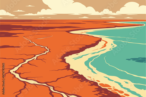 122 beautiful landscape, aerial view, vast arid desert, dramatic crack in the earth, vibrant orange hues, turquoise water, striking contrast, dramatic sky, fluffy white clouds, cinematic lighting, stu