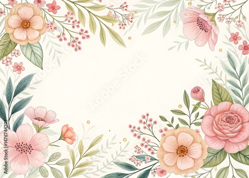 Elegant watercolor floral frame with pink and peach blossoms, a celebration of spring