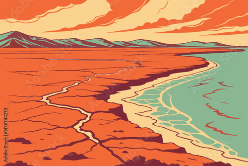 122 beautiful landscape, aerial view, vast arid desert, dramatic crack in the earth, vibrant orange hues, turquoise water, striking contrast, dramatic sky, fluffy white clouds, cinematic lighting, stu