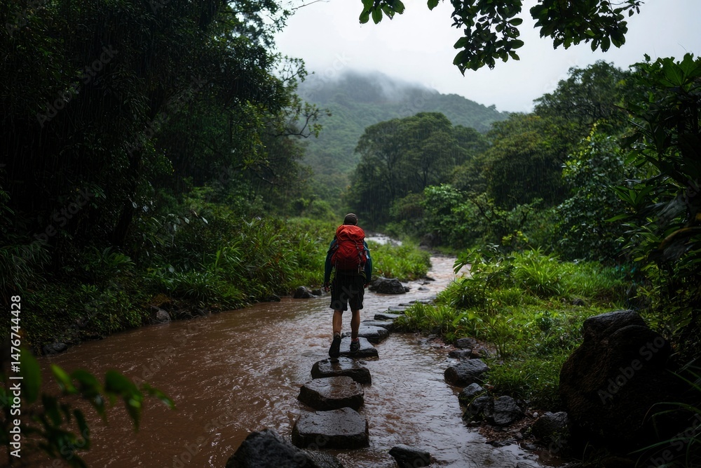 Fototapeta premium Person hiking in a rainforest