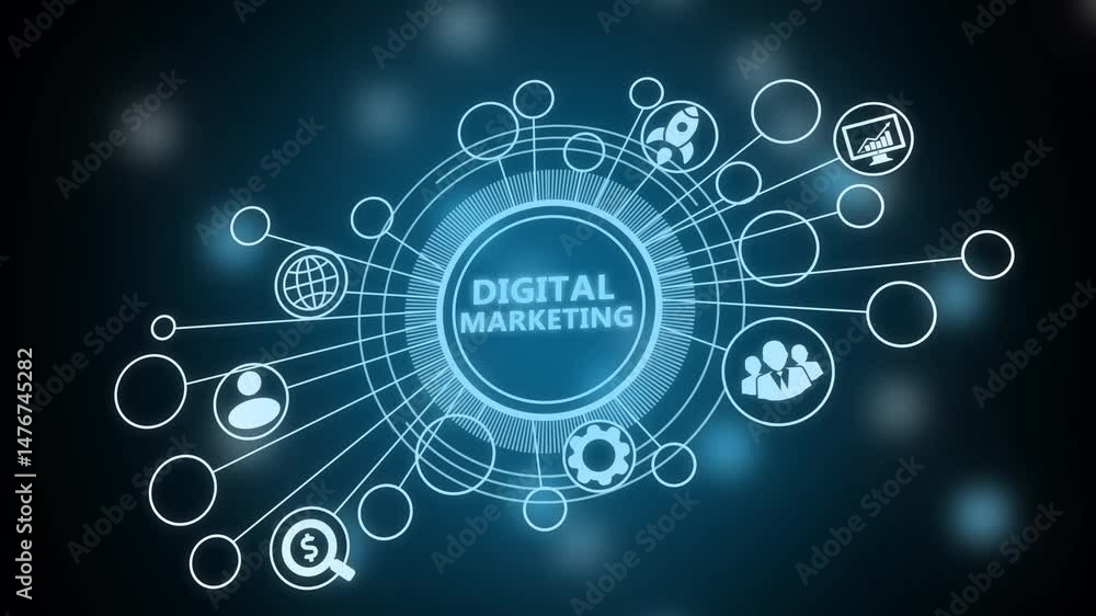 Glowing neon line banner of digital marketing concept with icons of branding, advertising, SEO, social media, devices, internet and target isolated on transparent background.