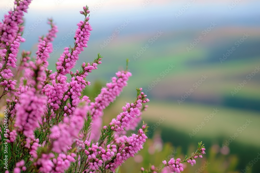 Obraz premium Pink heather blooms in a vibrant landscape