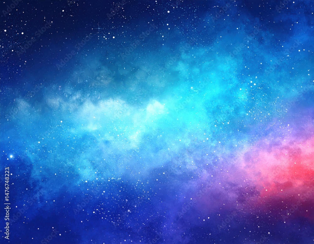 Naklejka premium A vibrant cosmic scene showcasing a blend of blues, purples, and pinks with twinkling stars scattered throughout the expansive universe