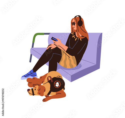 Blind woman sits on chair, listens to music. Passenger with disability rides on public transport with guide dog. Visually impaired person waits on bench. Fat isolated vector illustration on white