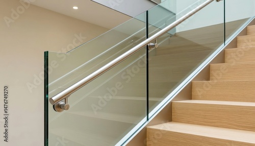 Modern staircase with glass railing in contemporary indoor space, showcasing clean lines and minimalistic design approach