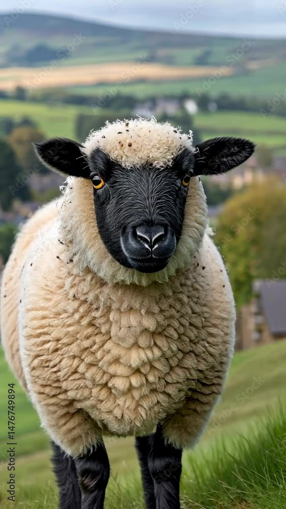 A sheep leisurely strolls through a scenic hillside pasture, surrounded by the charm of a picturesque village during daylight hours A sheep leisurely strolls through a scenic hillside pasture, surrounded by the charm of a picturesque village during daylight hours