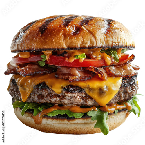 Juicy cheeseburger with bacon, lettuce, tomato, and melted cheese stacked high, cutout isolated on transparent bg, png