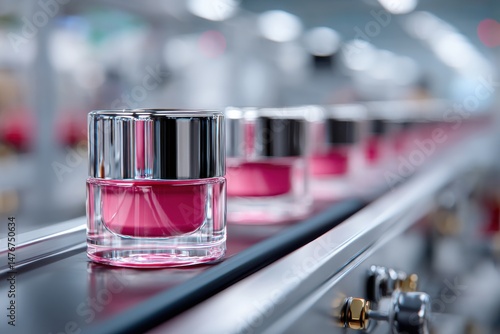 Wallpaper Mural Cosmetic cream production line with transparent jars filled with pink substance, automated assembly line process and quality control in a modern factory setting. Torontodigital.ca