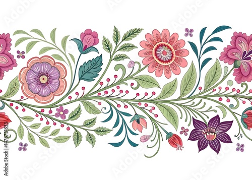 Elaborate floral border design with various blossom shapes and vibrant colors
