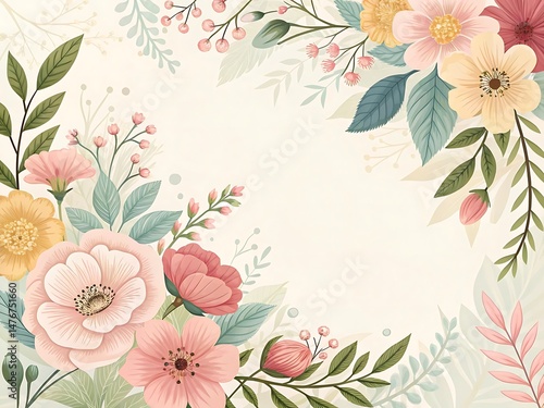 Elegant Floral Frame with Pastel Colors and Botanical Elements Illustration Style