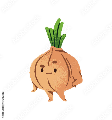 Happy onion bulb raises eyebrow in surprise. Cute vegetable with astonished face. Farm cartoon character with amazed expression, emotions. Flat isolated hand drawn illustration on white background