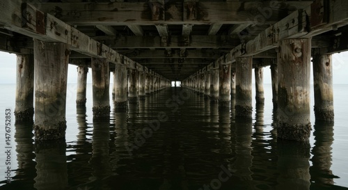 Wallpaper Mural Pier's underbelly.  Dark, calm water reflecting pier's support beams Torontodigital.ca