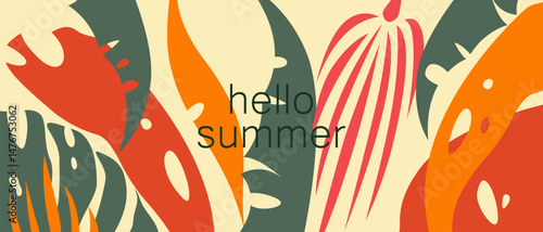 Hello summer. Background with tropical leaves. Vector illustration.