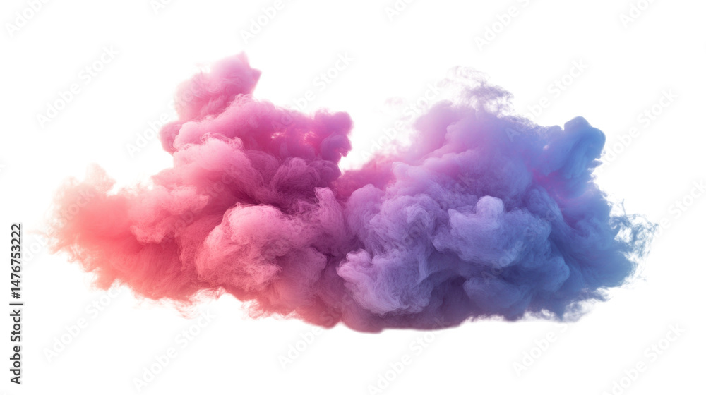 Fototapeta premium Colorful smoke cloud swirling in shades of pink and blue cutout isolated on transparent bg, png