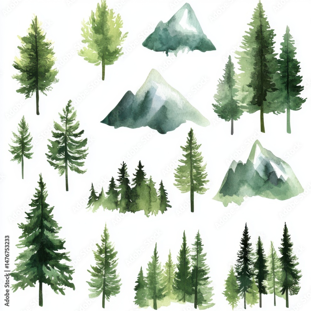 Fototapeta premium Watercolor Pine Trees and Mountain Range Illustration on White Background Forest Landscape Design Element Isolated
