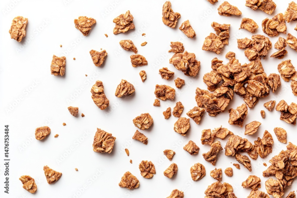 Scattered granola pieces on white background. Small, irregular pieces of toasted, subtly sweet, granola are strewn across a white surface Scattered granola pieces on white background. Small, irregular pieces of toasted, subtly sweet, granola are strewn across a white surface