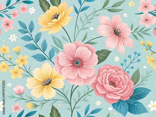 Pastel Floral Arrangement with Pink Roses and Yellow Flowers on Blue Background