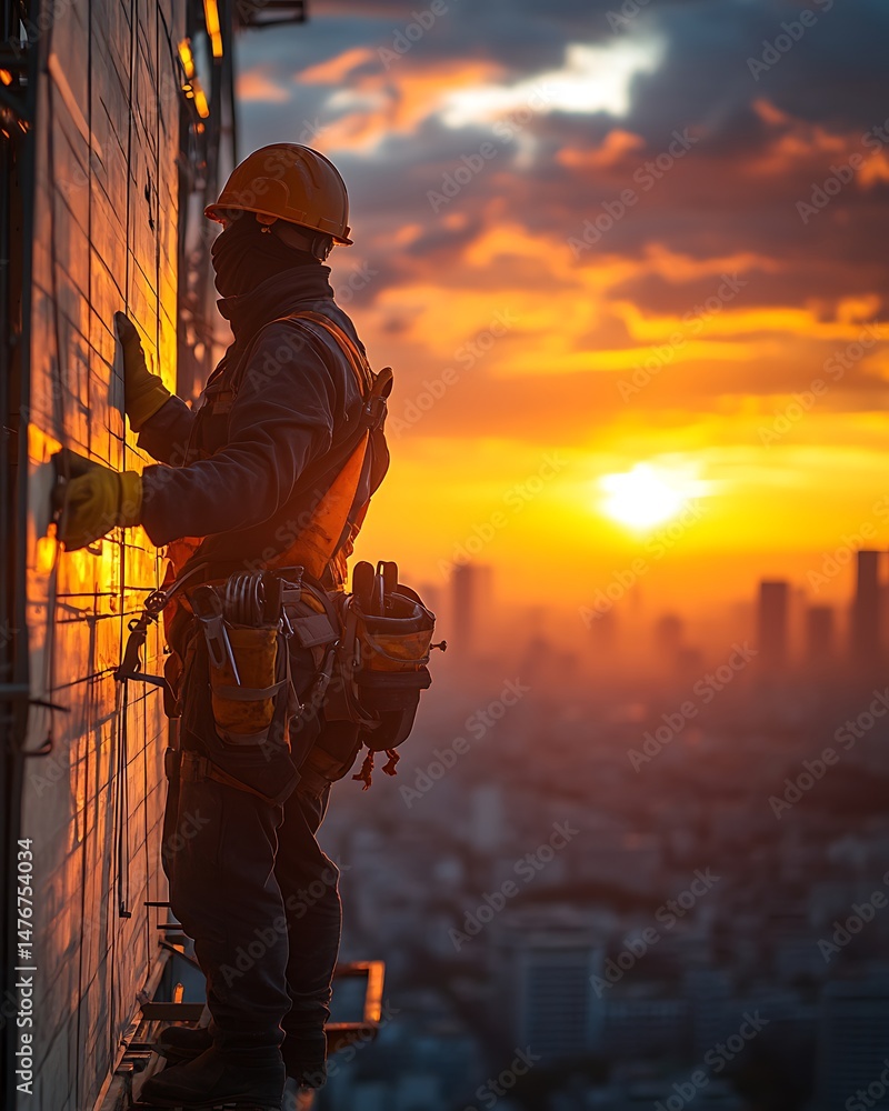 Fototapeta premium Sunset construction scene worker standing on scaffold securing tall building panels high resolution image