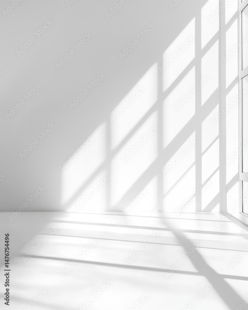 Minimalist Interior with Sunlight Streaming Through Window Casting Shadows on White Wall and Floor in Empty Room Minimalist Interior with Sunlight Streaming Through Window Casting Shadows on White Wall and Floor in Empty Room