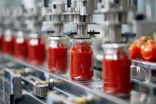 Automatic machine closing jars of tomato sauce in food processing plant