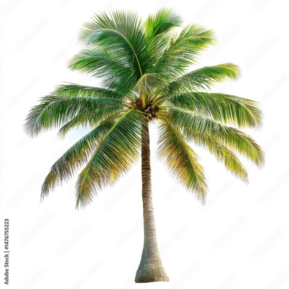 Obraz premium Isolated coconut palm tree rising tall against a white background showcasing tropical foliage and textured trunk