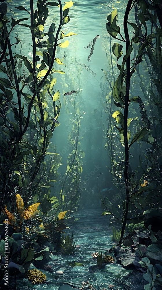 Fototapeta premium Submerged aquatic plants in sunlit ocean serene underwater scene