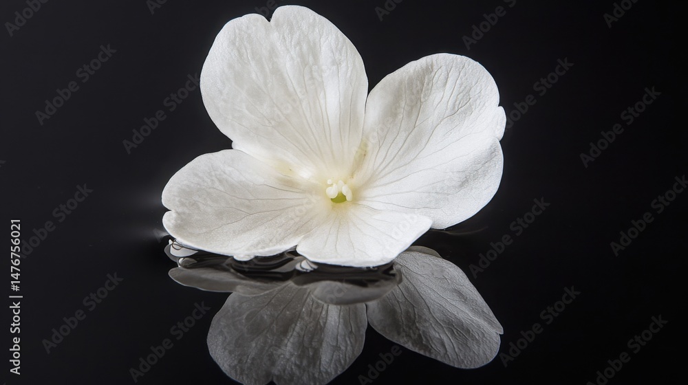 Fototapeta premium Elegant White Hydrangea Blossom Reflecting on Black Surface Studio Shot Close Up Macro Still Life