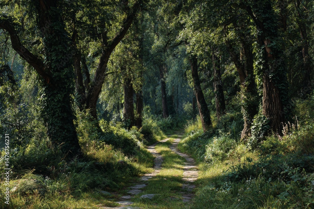 Fototapeta premium Enchanted Forest Path: A sun-dappled trail winds through a lush, green forest, inviting exploration and a sense of tranquility.