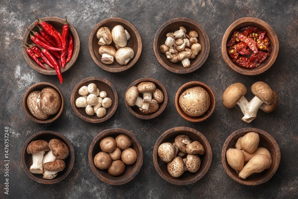 Assortment of Mushrooms and Chili Peppers in Wooden Bowls Assortment of Mushrooms and Chili Peppers in Wooden Bowls
