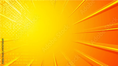 Abstract vector yellow orange comic style halftone zoom lines background.