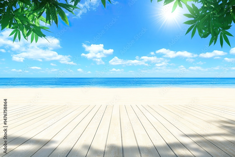 Beachfront wooden deck under a vibrant sky Beachfront wooden deck under a vibrant sky