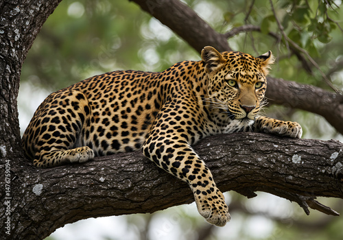 Leopard relaxing on tree branch