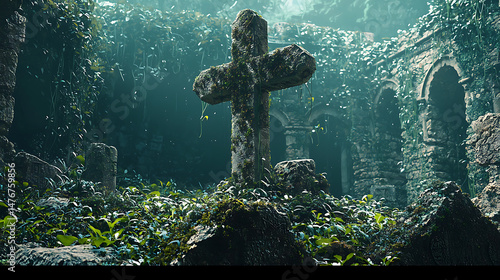 A cross is in a graveyard with moss growing on it