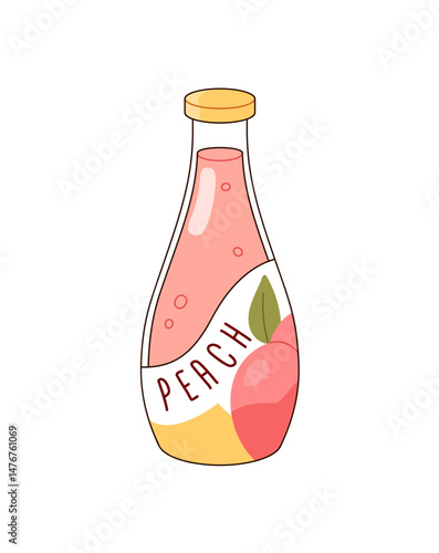 Icon of glass bottle of cool peach juice. Container of refreshing carbonated beverage with fruit flavor. Packaging of sparkling soft drink. Flat isolated vector illustration on white background