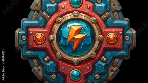 3D shield with lightning bolt icon, power-up or defense buff UI symbol