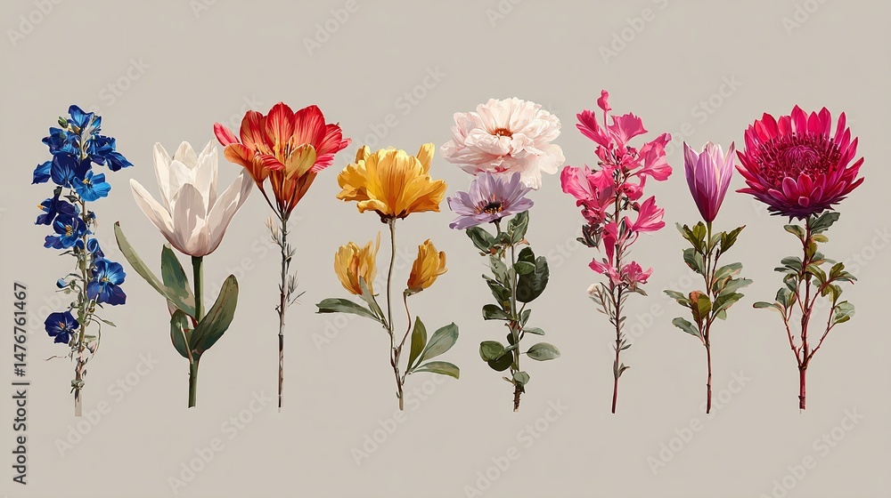 Obraz premium Botanical illustration of various colorful flowers in a row. A bright, vibrant arrangement of diverse floral species against a muted background.