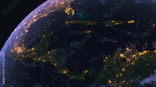 Planet Earth at Night. Night Map of Central America View from Space Orbit. Globe
