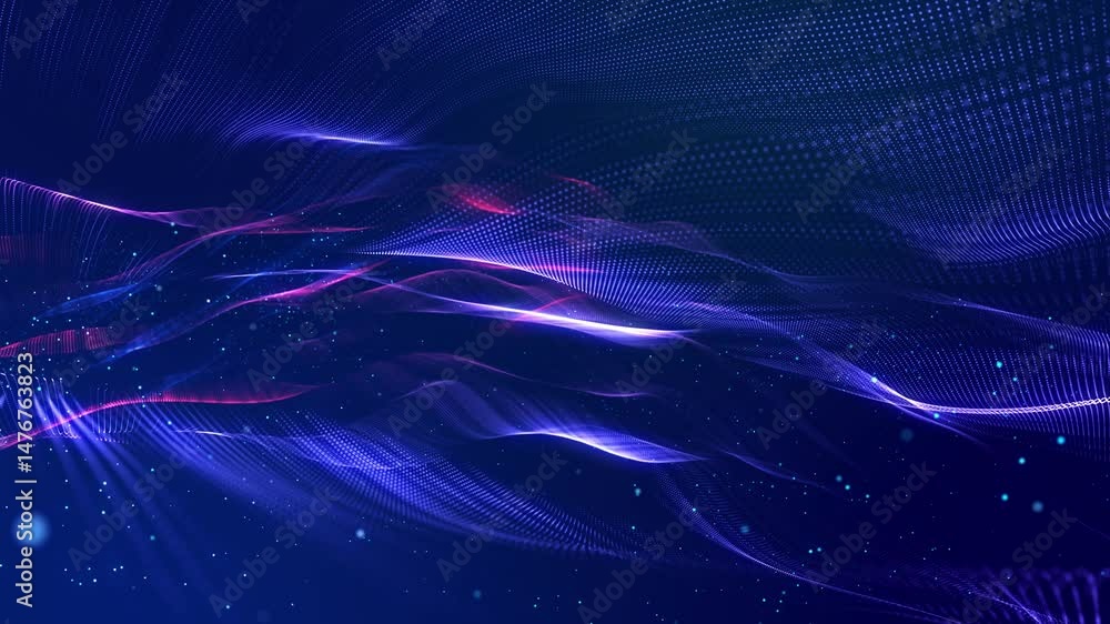 Waves run on surface. Glowing particles form surface. Luminous Wave Motion Design for Festive Events and Presentations. Huge scene with a wide angle. Looping motion design animation. DOF. Waves run on surface. Glowing particles form surface. Luminous Wave Motion Design for Festive Events and Presentations. Huge scene with a wide angle. Looping motion design animation. DOF.