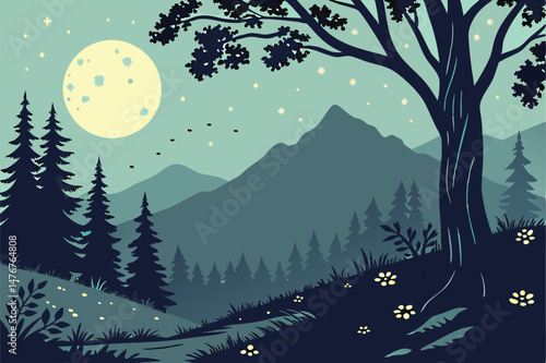 126 night sky, mountain landscape, forest, moon, stars, fireflies, digital art, vibrant colors, fantasy, cinematic, landscape illustration
