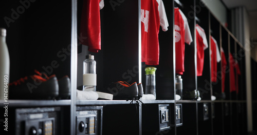 Empty  soccer equipment or locker room with gear for sport  fitness or training center. Row  line or aisle with clothing  water bottle or safe for fitting facility  interior or fashion of sportswear