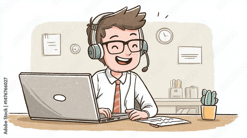 Enthusiastic support agent with headset, working on a laptop, surrounded by office essentials, radiating a friendly and professional vibe. Enthusiastic support agent with headset, working on a laptop, surrounded by office essentials, radiating a friendly and professional vibe.