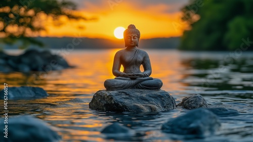 Tranquil Peaceful Buddha Statue Relaxing Zen Garden Atmosphere
