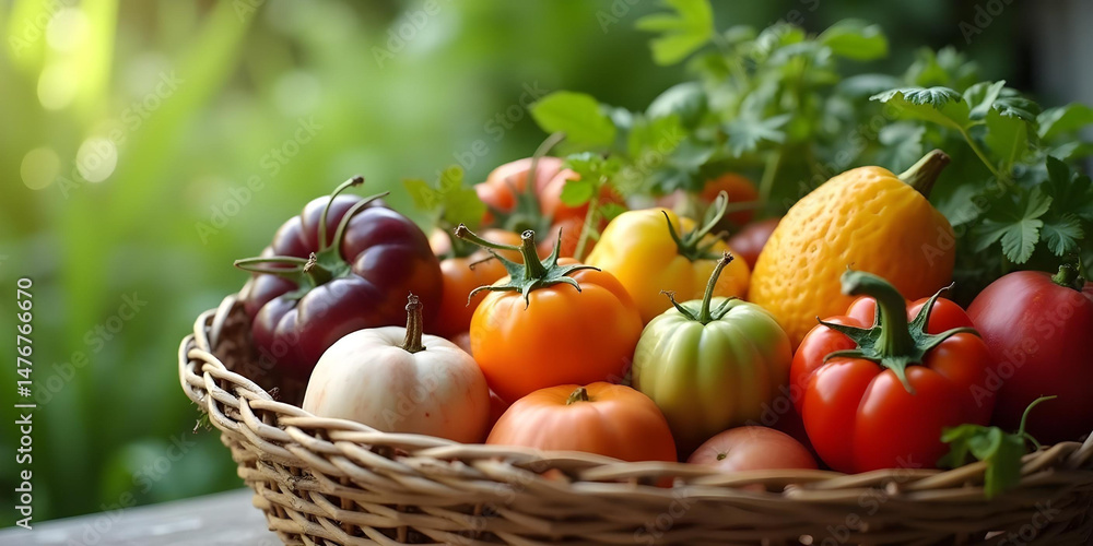 A colorful mix of healthy fruits and vegetables scattered A colorful mix of healthy fruits and vegetables scattered