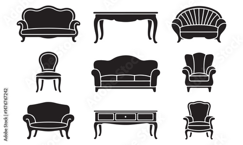 Set of Black Silhouettes of Different Types of Furniture Including Chairs, Sofas, and Armchairs for Home and Office Decor