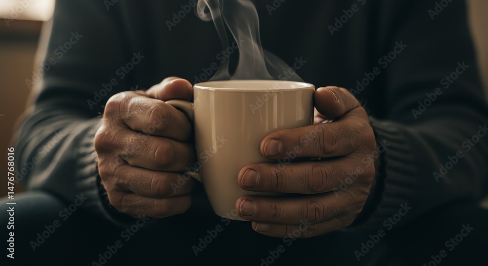 Hands holding steaming cup Hands holding steaming cup